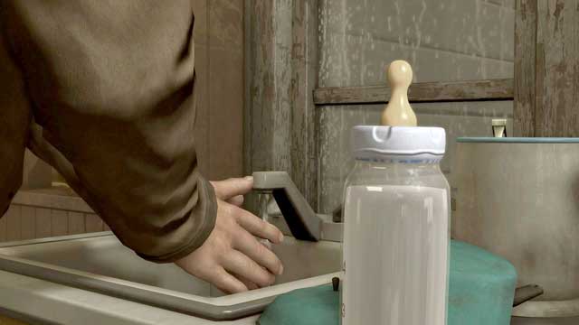 Notice the bottle of milk while you wash blood off your hands - Nathaniel & Suicide Baby | Heavy Rain Walkthrough - Walkthrough - Heavy Rain HD Guide