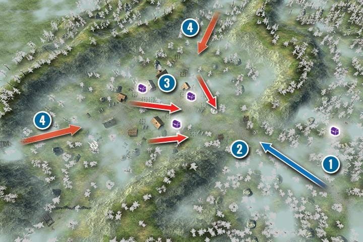 You start the mission with a small force, consisting of several units and heroes (1) - Mission 12 - Passing the Village | Elves Campaign - Elves Campaign - Hex Commander Game Guide