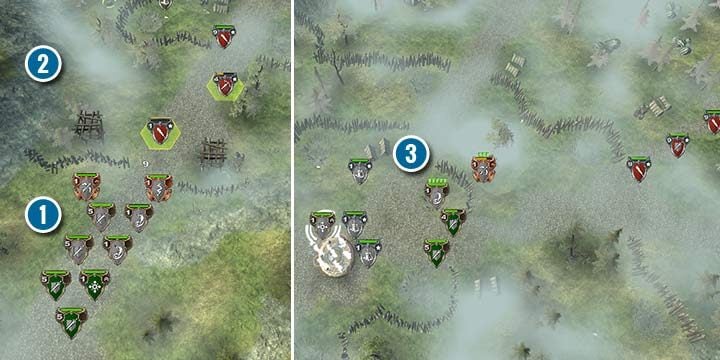 Before your troops enter the camp (1), use Sylvius to immobilize the enemy units (2). Then, set up the Catapults in the center of the camp, and secure the entryways with the other units (3). - Mission 13 - Crossing the Blockade | Elves Campaign - Elves Campaign - Hex Commander Game Guide