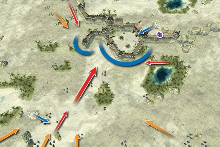 The map has two teleporters (the blue arrows) - Mission 5 - The Sun Gate | Campaign - Human Campaign - Hex Commander Game Guide