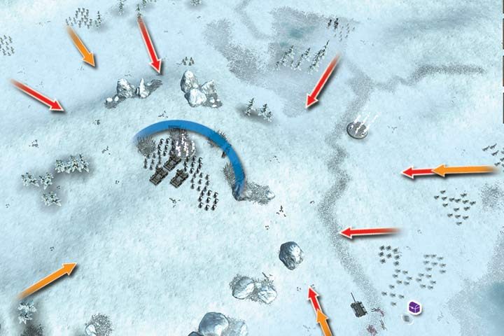 You begin the mission on a hill, surrounded by enemies (the red arrows) - Mission 10 - Frozen Hill | Campaign - Human Campaign - Hex Commander Game Guide