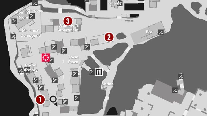 Your next task is to find three missing band members - they are in the places marked on the map in the picture above - Hitman 2: Story Missions - Three-Headed Serpent walkthrough - Three-Headed Serpent (Santa Fortuna) - Hitman 2 Guide