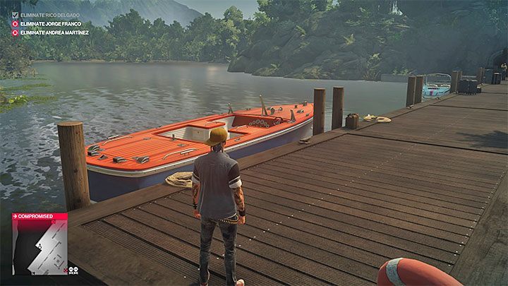The motorboat is moored in a marina on the Rico Delgados mansion - Hitman 2: Leaving the Santa Fortuna - Three-Headed Serpent walkthrough - Three-Headed Serpent (Santa Fortuna) - Hitman 2 Guide