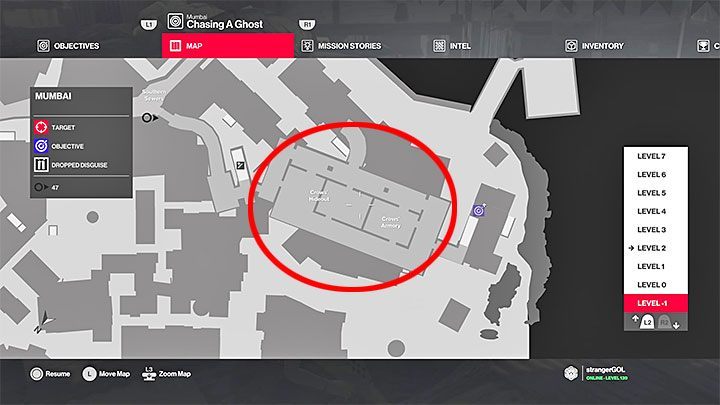 The Crows hideout is in the eastern part of the map (level -1) - Hitman 2: Crows hideout - how to reach? Chasing a Ghost walkthrough - Chasing a Ghost (Mumbai) - Hitman 2 Guide