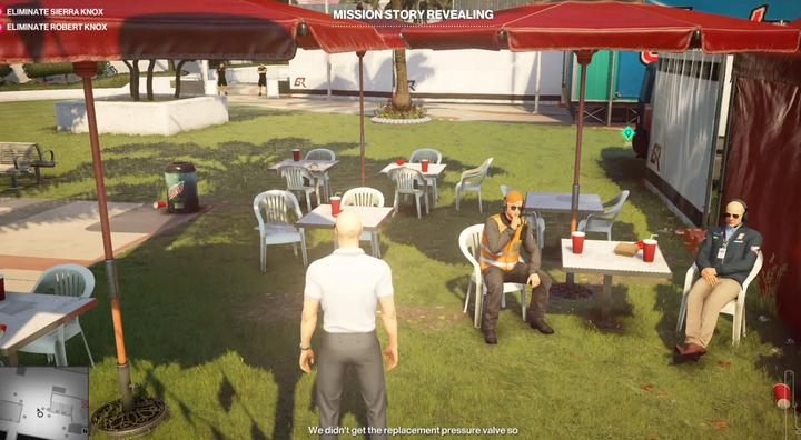 Eavesdrop men at food booths. - Hitman 2: Story Missions - The Finish Line walkthrough - The Finish Line (Miami) - Hitman 2 Guide