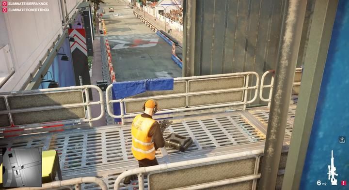 Place the sniper rifle on the crossing over the track and shoot one or more targets - Hitman 2: Assassination of Sierra Knox - The Finish Line walkthrough - The Finish Line (Miami) - Hitman 2 Guide