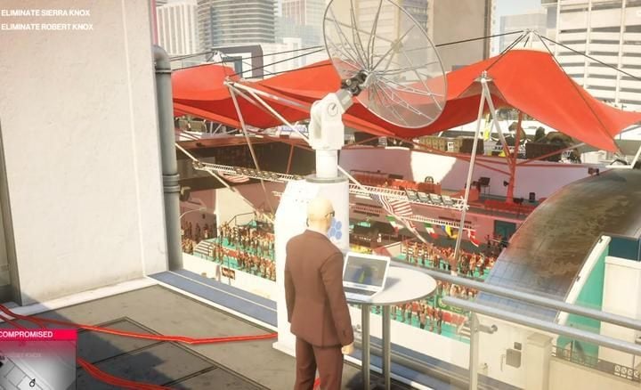 Now go to the diagonally opposite part of the building: the balcony with a small document storeroom - Hitman 2: Assasination of Robert Knox - The Finish Line walkthrough - The Finish Line (Miami) - Hitman 2 Guide