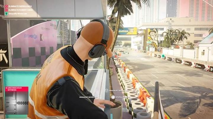 Wave the red flag - as Race security, when on the tower by the start line (from the side of the podium) - The Odd One Out challenge - Hitman 2: Moses Lee - how to disqualify? The Finish Line walkthrough - The Finish Line (Miami) - Hitman 2 Guide