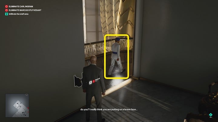 Turn left, bypass one guard and lurk in an alcove for a second enemy - Hitman 3: Best Disguises, Dubai (Burj Al-Ghazali) - On Top of the World - Dubai - Hitman 3 Guide