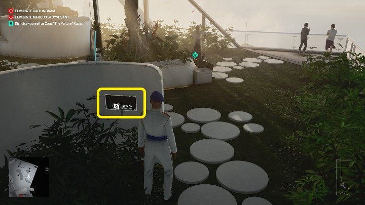 Use the terminal to get Zan's attention and hide in the bushes - Hitman 3: Best Disguises, Dubai (Burj Al-Ghazali) - On Top of the World - Dubai - Hitman 3 Guide