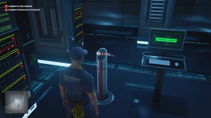 Return to the server room and swipe the access card through the reader - Hitman 3: CCTV (Dubai) - how and where to sabotage it? - On Top of the World - Dubai - Hitman 3 Guide