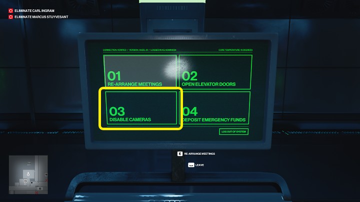 Now you simply need to click the third tile (Disable Cameras), and a moment later the screens in the security room will stop working immediately - Hitman 3: CCTV (Dubai) - how and where to sabotage it? - On Top of the World - Dubai - Hitman 3 Guide