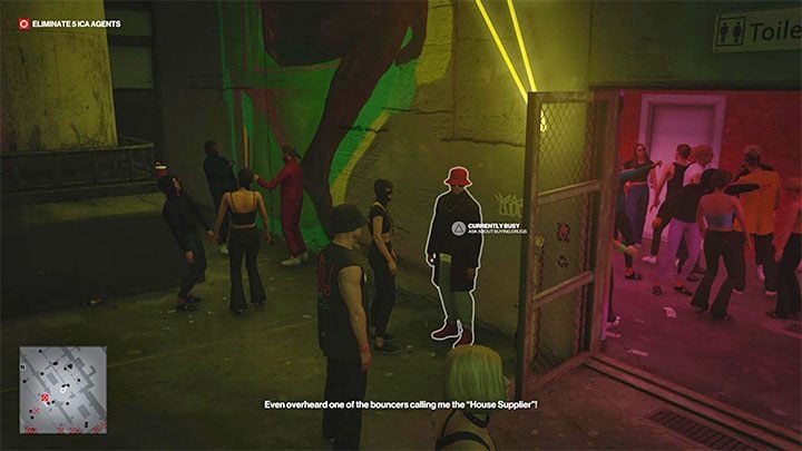 You can meet the dealer in front of the toilets on level -2, behind the bar(point 44 on the map) - Hitman 3: Berlin - Best Disguises - Apex Predator - Berlin - Hitman 3 Guide