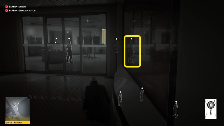 If the man marked in the image above is not standing next to the bodyguard, you will have to wait until he finishes drinking his water and approaches the desk on the left - Hitman 3: Chongqing - Best Disguises - End Of An Era - Chongqing - Hitman 3 Guide