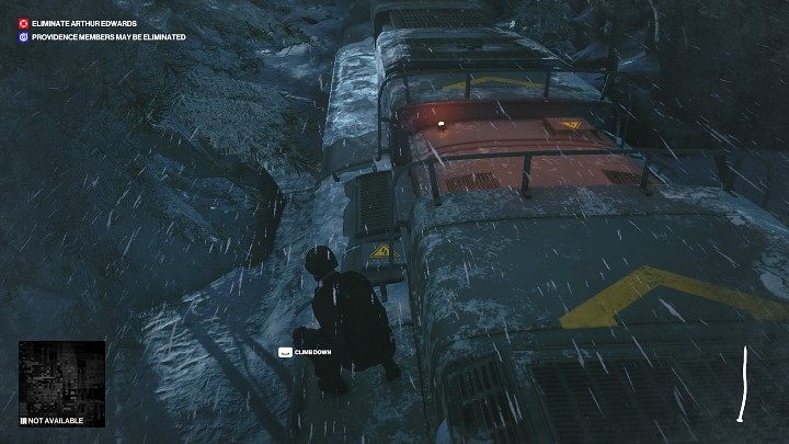 Climb up the ladder to the roof of the wagon, then drop down on the left side and, holding onto the wall of the wagon, move a little further, climb up to the roof again and walk ahead - Hitman 3: Eliminating Arthur Edwards Carpathian Mountains, walkthrough - Untouchable - Carpathian Mountains - Hitman 3 Guide