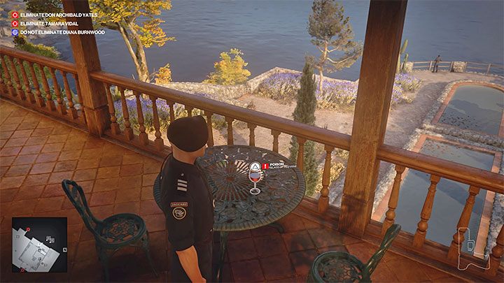 You can poison Yates by spiking the wine glass found on the north balcony on the first floor of the villa - Hitman 3: How to kill Don Archibald Yates? Mendoza, walkthrough, guide - The Farewell - Mendoza - Hitman 3 Guide