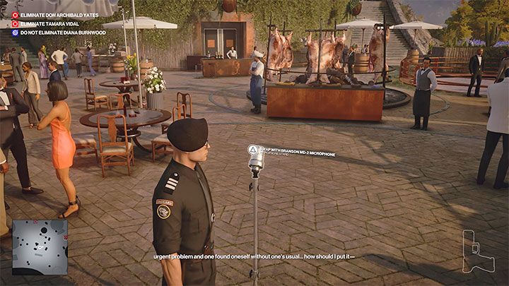 Bring the microphone to the patio or the Asado on level 3 (point nr 41 on the map) - Hitman 3: How to kill Don Archibald Yates? Mendoza, walkthrough, guide - The Farewell - Mendoza - Hitman 3 Guide