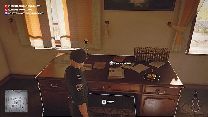 Take the Research File on Diana Burnwood from the desk - Hitman 3: How to kill Don Archibald Yates? Mendoza, walkthrough, guide - The Farewell - Mendoza - Hitman 3 Guide
