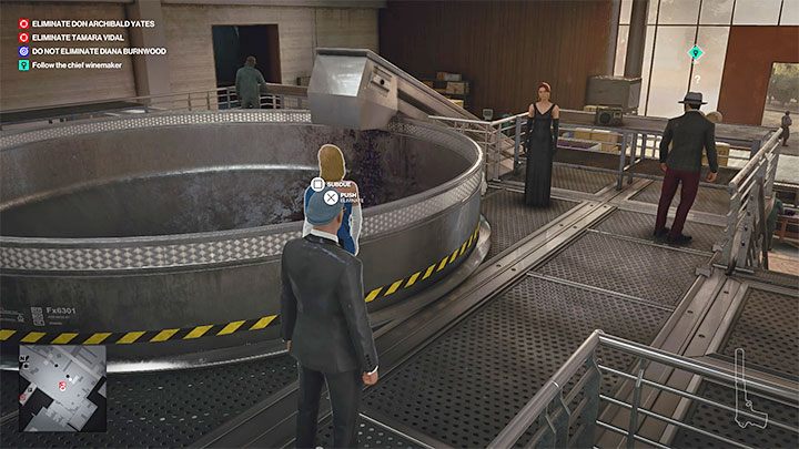 As the tour advances, you will reach the fermentation room (point 25 on the map) where you will be able to ask Vargas (the tour guide) about the surrounding machinery - Hitman 3: How to unlock the Ripe for the Picking trophy/achievement? - Trophy Guide - Hitman 3 Guide