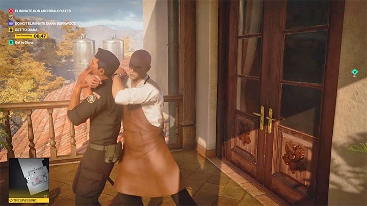 Wait until everyone appears on the floor (point 50 on the map) - two guards will go to the balconies, and the third will stay in the room with Diana - Hitman 3: Closing Statement, Mendoza - walkthrough, how to unlock? - The Farewell - Mendoza - Hitman 3 Guide