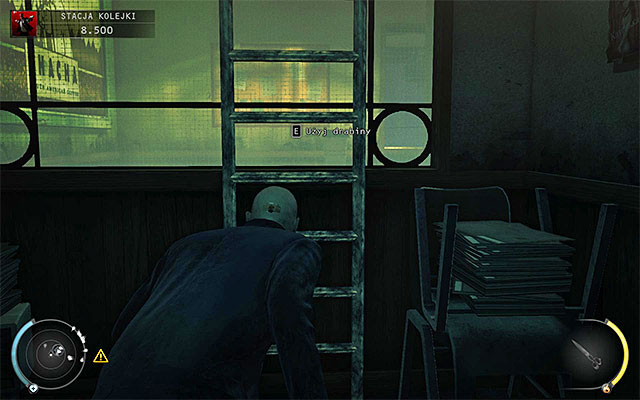 Pass by character on the ground floor room and locate a ladder shown on the above screen, thanks to which you can get to the upper building floor - Train station - Restarting train signals | 4: Run For Your Life - 4: Run For Your Life - Hitman: Absolution Game Guide