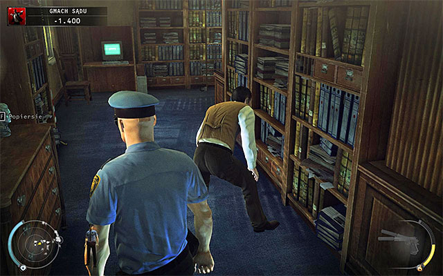 A library is a place which can be accessed only by authorized persons, so it would be best to use court security guard disguise - Courthouse - Exploring the courthouse | 15: Skurkys Law - 15: Skurkys Law - Hitman: Absolution Game Guide