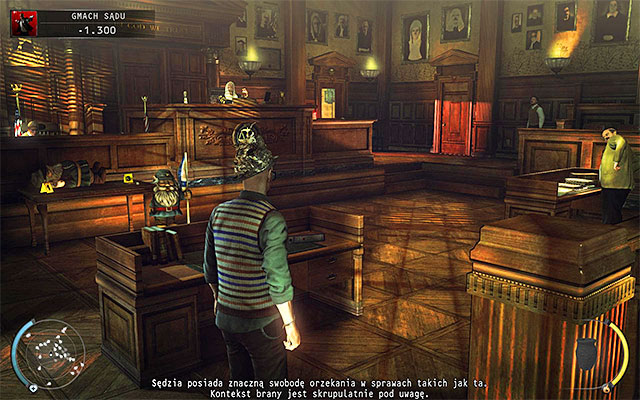 Exit the toilet and return to the courtroom accompanied by a guard - Courthouse - Getting to the holding cells in defendant disguise | 15: Skurkys Law - 15: Skurkys Law - Hitman: Absolution Game Guide