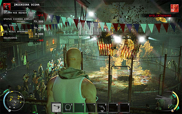 Throw the remote explosive or C4 bricks inside the cage, where Sanchez fights with Patriot - The Arena - Murdering Sanchez in traditional way | 13: Fight Night - 13: Fight Night - Hitman: Absolution Game Guide