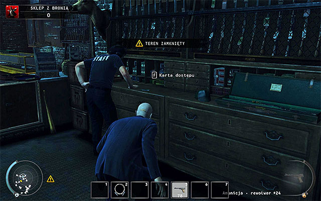When playing on lower difficulty levels you can go behind the counter right away and take a keycard - Gun Shop - Getting the key to the cabinet | 8: Birdies Gift - 8: Birdies Gift - Hitman: Absolution Game Guide