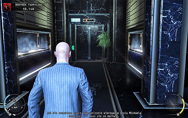 Your current goal is the elevator shown on the above screen - Factory Compound - Accessing the elevator in lobby | 11: Dexter Industries - 11: Dexter Industries - Hitman: Absolution Game Guide