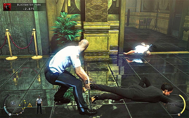 After initial clearing of the area quickly locate the security woman body and start dragging it - Blackwater Park - Unlocking access to the lift | 18: Blackwater Park - 18: Blackwater Park - Hitman: Absolution Game Guide