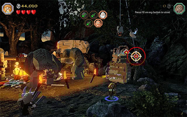 Find a Bow lying on the ground, pick it up (any character) and go towards the right side of the camp - Stage 4 (Roast Mutton): Rescue the allies | Walkthrough | LEGO The Hobbit - Walkthrough - LEGO The Hobbit Game Guide & Walkthrough