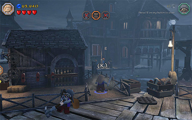 Jump down and go right, stop at the next pen that you find here - Stage 12 (A Warm Welcome): The docks | Walkthrough | LEGO The Hobbit - Walkthrough - LEGO The Hobbit Game Guide & Walkthrough