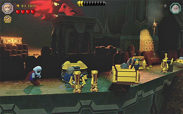 Move only if Smaug is currently, now watching the area directly in front of the characters - Stage 16 (Inside Information): The vault | Walkthrough - Walkthrough - LEGO The Hobbit Game Guide & Walkthrough