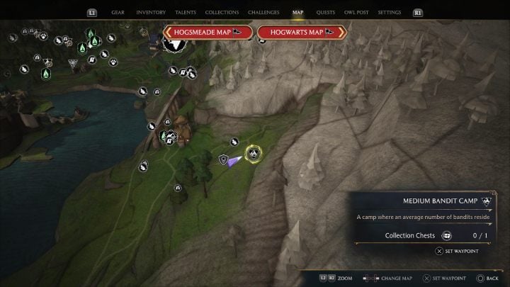 The last chest from this region is under a wooden platform in the bandit camp near the Aranshire village - Hogwarts Legacy: South Hogwarts Region - Collection Chests - Hogwarts Legacy: Collection Chests - Hogwarts Legacy Guide