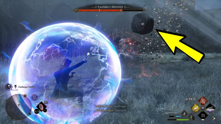 Use Ancient Magic and once you see a stone flying in your direction, cast Protego and press the right button to reflect the stone back at the enemy - Hogwarts Legacy: How to defeat Fastidios Monster? - Hogwarts Legacy: Bosses - Hogwarts Legacy Guide