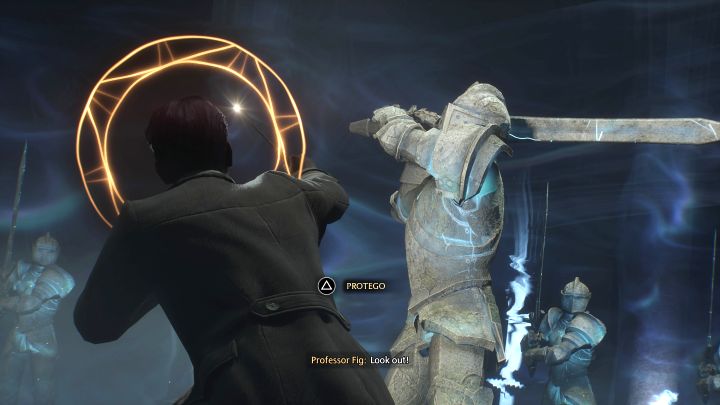 The guard will become aggressive, and you receive access to Protego - this spell is used as a block and you have to cast it when a circle appears above the hero's head - Hogwarts Legacy: The Path to Hogwarts - Hogwarts Legacy: Main quests - Hogwarts Legacy Guide