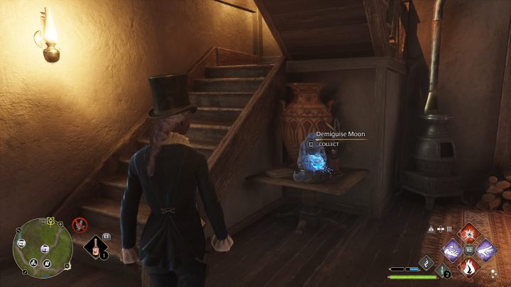 The collectible is on the table next to the stairs - Hogwarts Legacy: Demiguise Statues - The Highlands - Hogwarts Legacy: Highlands - Hogwarts Legacy Guide