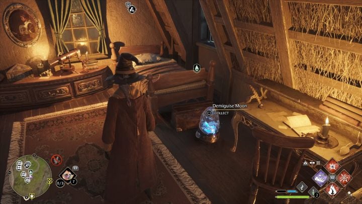 Once you find yourself inside, climb the stairs to the upper floor - the collectible is on the floor next to the desk - Hogwarts Legacy: Demiguise Statues - The Highlands - Hogwarts Legacy: Highlands - Hogwarts Legacy Guide