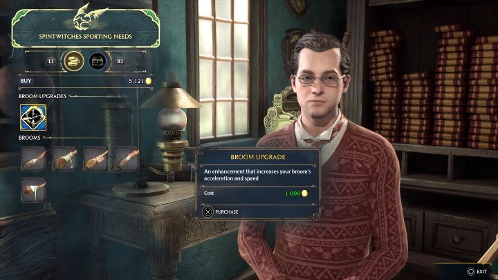 Open the trade window and purchase the broom upgrade for 1,000 gold - Hogwarts Legacy: Sweeping the Competition - Hogwarts Legacy: Hogsmeade Side Quests - Hogwarts Legacy Guide