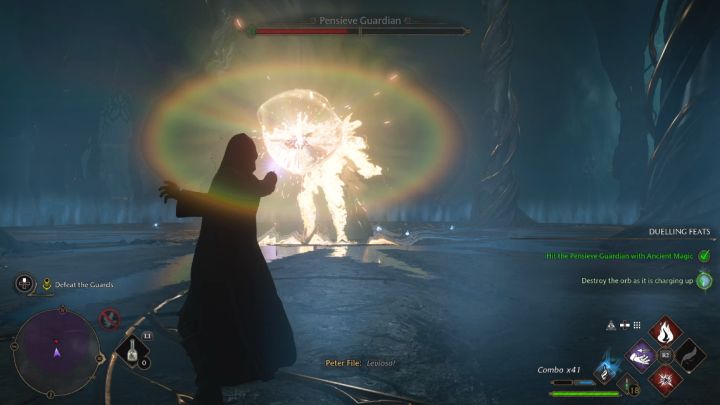 From time to time, the boss will use a powerful orb attack - try to stop it before it is used, because then you won't be able to avoid it and the orb will deal you a lot of damage - Hogwarts Legacy: Percival Rackhams Trial - Hogwarts Legacy: Main quests - Hogwarts Legacy Guide
