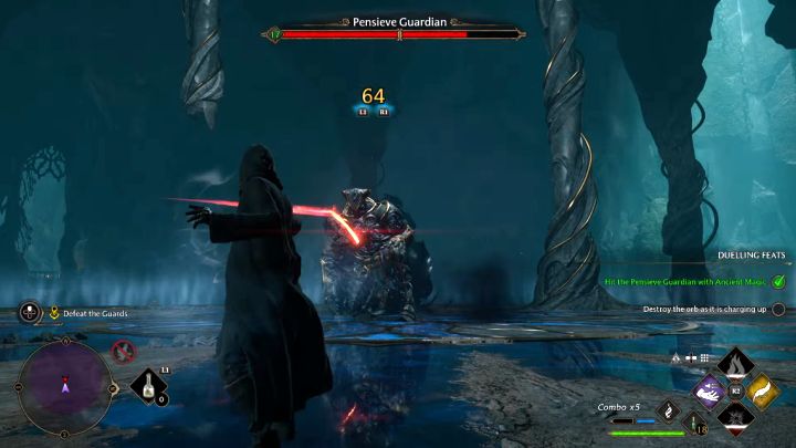 After defeating the first group of statues, a boss (Pensieve Guardian) will appear - focus your attacks on him - Hogwarts Legacy: Percival Rackhams Trial - Hogwarts Legacy: Main quests - Hogwarts Legacy Guide