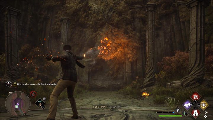 Look at the door leading to the Pensieve chamber and cast a fire spell to burn away the moss and vines - Hogwarts Legacy: San Bakars Trial - Hogwarts Legacy: Main quests - Hogwarts Legacy Guide