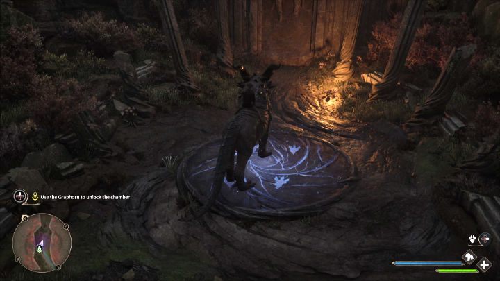 Stand on the round stone slab and wait a few seconds until the Graphorn opens the entrance for you - Hogwarts Legacy: San Bakars Trial - Hogwarts Legacy: Main quests - Hogwarts Legacy Guide