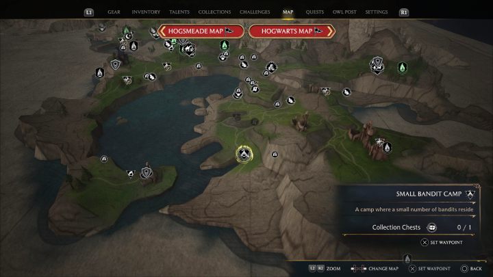 The final chest is in a small bandit camp, right below the previous camp (Chest #4) - Hogwarts Legacy: Clagmar Coast - Collection Chests - Hogwarts Legacy: Collection Chests - Hogwarts Legacy Guide