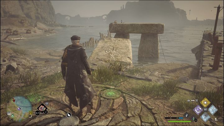 This puzzle requires you to climb each of the stone platforms without touching the ground or water - Hogwarts Legacy: Marunweem Lake - all Merlin Trials - Hogwarts Legacy: Merlins Trials - Hogwarts Legacy Guide