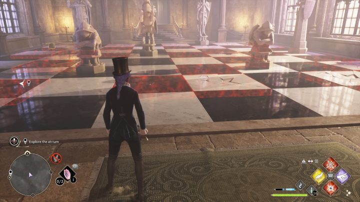 In the chess room, activate Revelio and avoid areas lit in red - Hogwarts Legacy: Minding Your Own Business - Hogwarts Legacy: Hogsmeade Side Quests - Hogwarts Legacy Guide