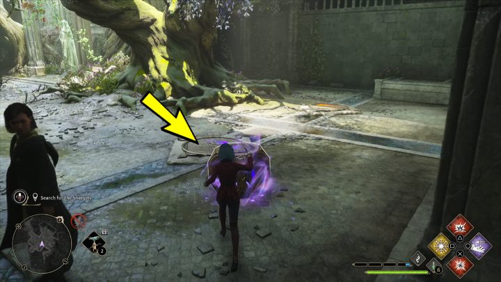 Pick up the cube with Accio, jump back down and put it on the symbol highlighted in blue - Hogwarts Legacy: A Bird in the Hand - Hogwarts Legacy: Relationship quests - Poppy - Hogwarts Legacy Guide