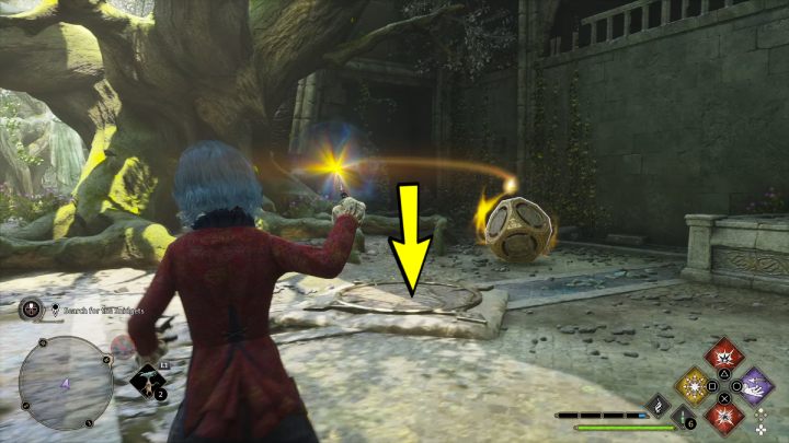 Place the cube lying next to the tree on the symbol highlighted in red - Hogwarts Legacy: A Bird in the Hand - Hogwarts Legacy: Relationship quests - Poppy - Hogwarts Legacy Guide