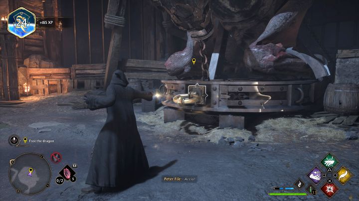 After winning the battle, use the Accio spell on the hook under the dragon (picture above) - Hogwarts Legacy: Fire and Vice - Hogwarts Legacy: Main quests - Hogwarts Legacy Guide